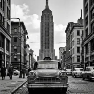 New York Nostalgie Taxi Empire State Building schwarz weiss