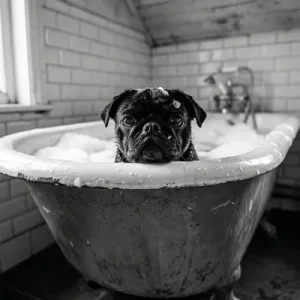 Hund Mops in Wanne schwarz weiss