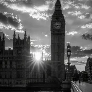 Big Ben London Sonnenuntergang schwarz weiss