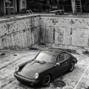 Porsche im Pool schwarz weiss