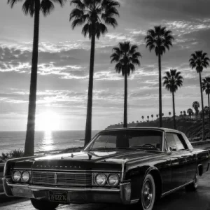 US Car Lincoln Los Angeles Palme Abendsonne schwarz weiss