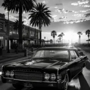 US Car Lincoln Los Angeles Palme Abendsonne schwarz weiss