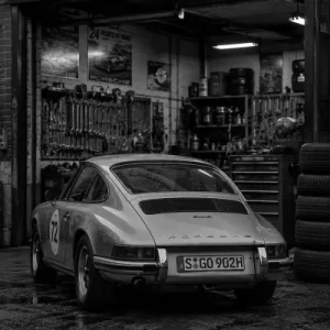 Retro Porsche in 80er Werkstatt schwarz weiss